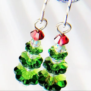 Green Crystal Christmas Tree Silver Earrings